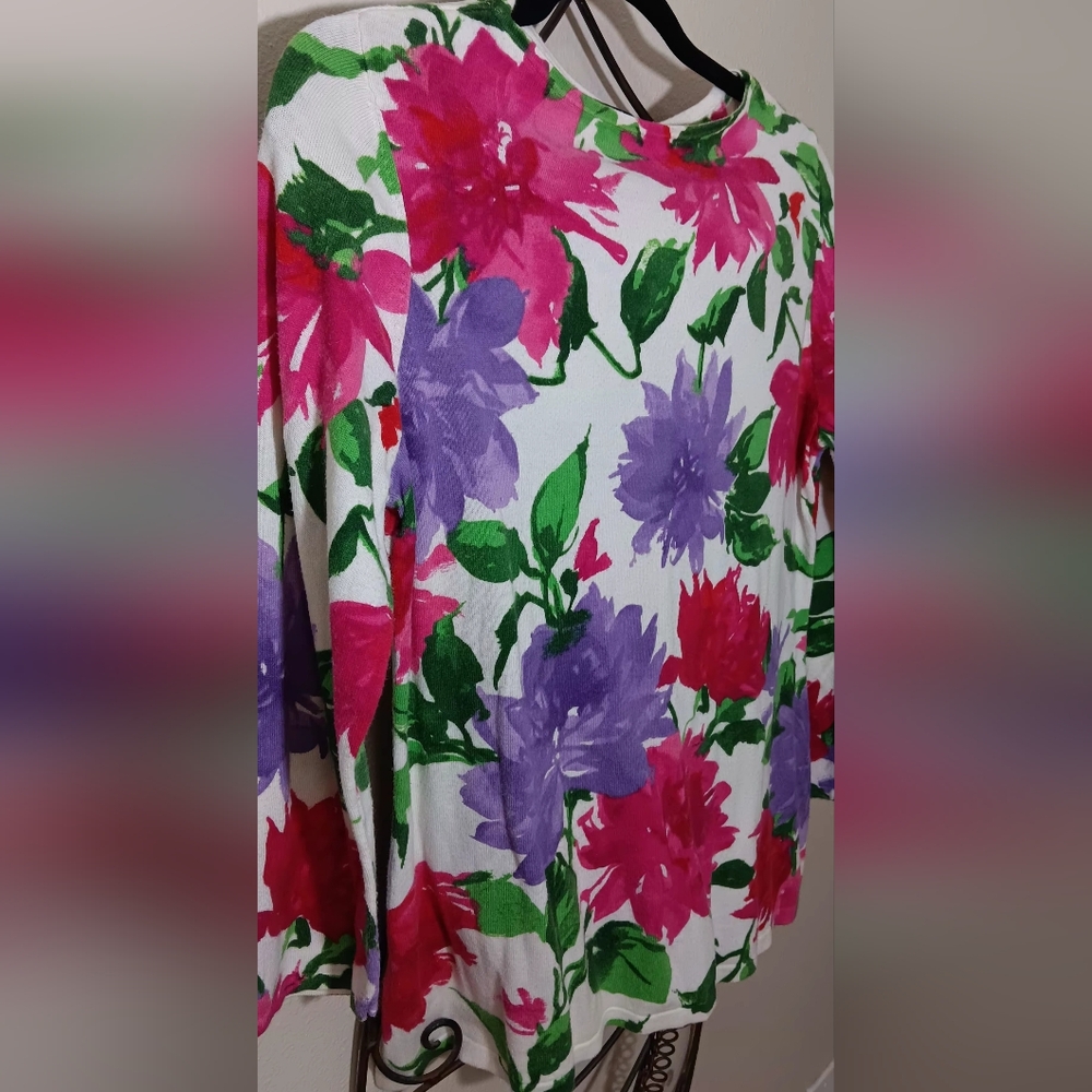 Ralph Lauren Vibrant Floral Scoop-Neck Sweater in White, Purple, Pink & Green
